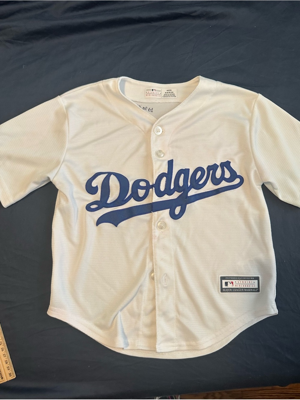 Genuine Merchandise White Dodgers Kids Baseball Jersey with Blue Script